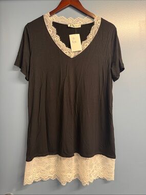 Women's Black V-Neck Tunic with Cream Lace Trim